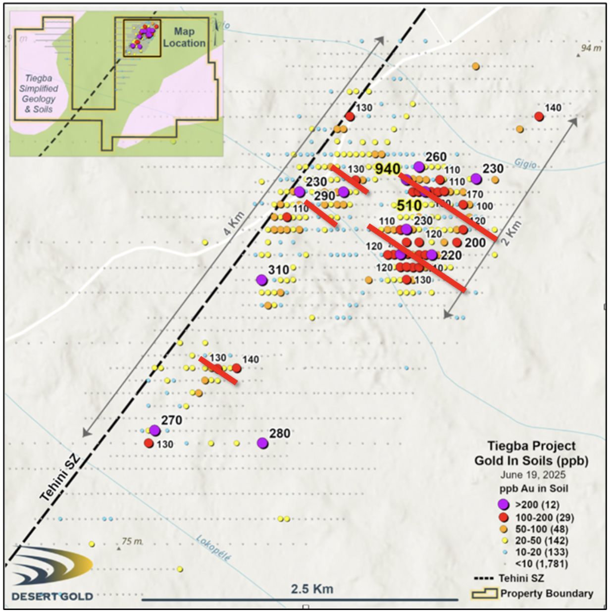 Figure 3. Tiegba Planview highlighting Anomalous Gold Trends with Proposed AC lines red